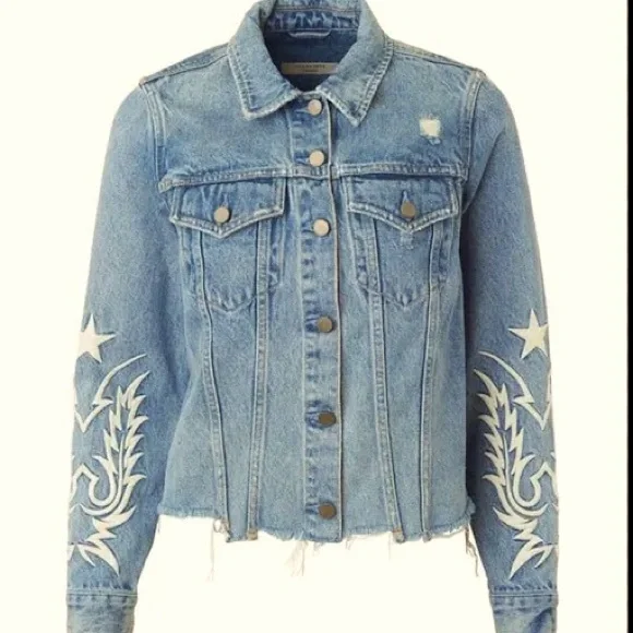ALLSAINTS Denim Jacket Raw Hem Embroidered Sleeves Ribbed Size XS Washed Blue - Picture 9 of 9